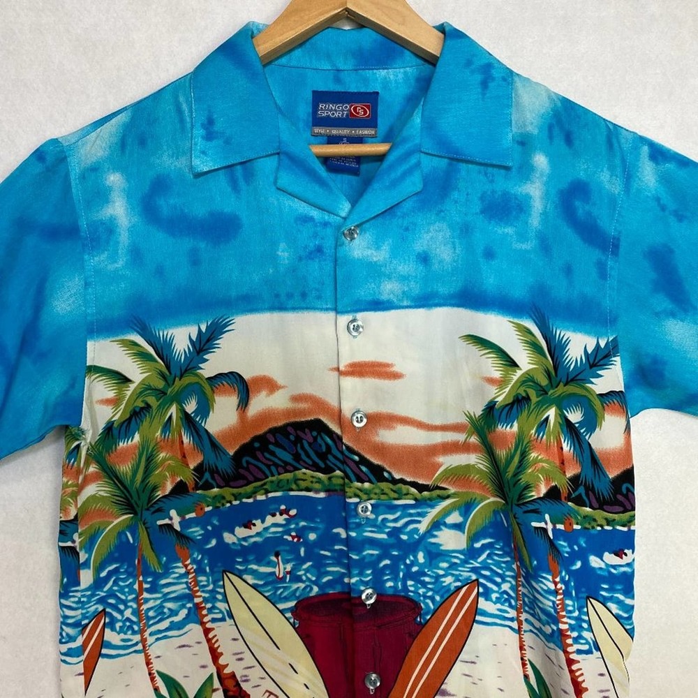 Vintage Button Up Shirt Mens Small Tropical Hawaiian Pattern Short Sleeve‎ AOP